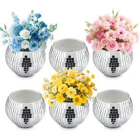 Luditek 6 Pcs Disco Ball Vases, Mirror Disco Ball Decor for Wedding Centerpieces Birthday Disco Themed Party Christmas Home Decor, Silver Ornaments Glass Vase for Flowers Plant Lover Unique Gifts