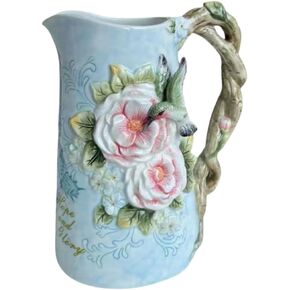 Ceramic Pitcher with Handle, 3D Hand-Painted Hummingbird and Rose Flower Home Décor Vase- 9.5Inchs H