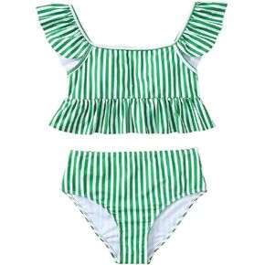 Floerns Girl's 2 Piece Swimsuits Striped Ruffle Hem High Waisted Bathing Suit