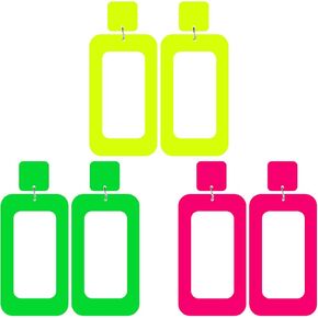Hicarer 3 Pair 80s 90s Neon Earrings for Women Fluorescent Earring Retro Pendant Acrylic Drop Dangle for Glow Party Outfit