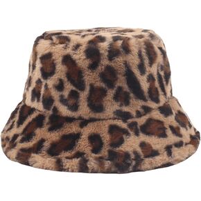 QWINEE Women's Fuzzy Bucket Hats Leopard Pattern Plush Outdoor Cap Warm Winter Hat