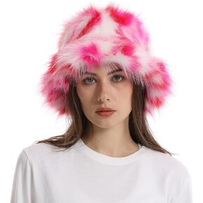 Winter Fluffy Faux Fur Bucket Hat for Women Fuzzy Warm Fisherman Cap Outdoor Thick Winter Rainbow Plush Hat