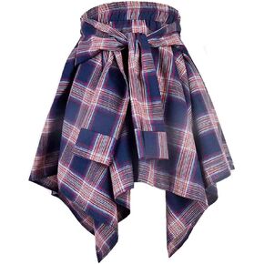 Women's Plaid Skirts Elastic Waisted Short Skirt Knot Front Irregularly Hem Mini Skater Skirt