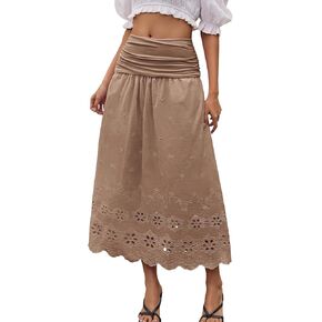 DRESSTELLS Boho Skirt for Women 2025 Lace Embroidery Eyelet High Waist A-Line Flowy Beach Midi Long Skirts