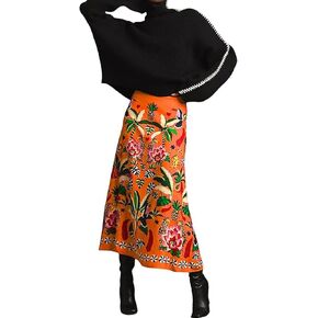 Women's Tropical Plant Print Satin Midi Skirt Festive Floral Zipper A-Line Spring Summer Boho Travel Skirts