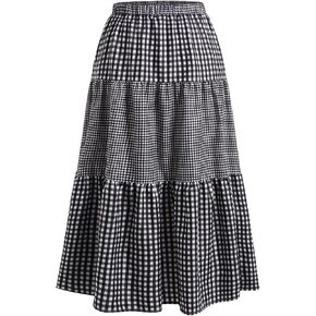 Women's Plus Size Gingham Tiered Layer Skirt Flowy Elastic High Waist A Line Skirts