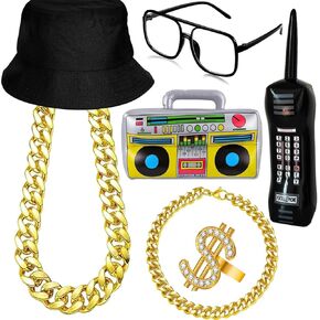 80s 90s Hip Hop Costume Outfit Kit for Men Women, Rapper Fake Gold Dollar Sign Jewelry