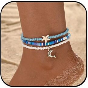 Beach Anklet Bracelet - Bohemian Dolphin Pendant & Starfish Charm Chair ، مجوهرات صيفية مقاومة للماء لعطلات المحيطات/حفلات البليار