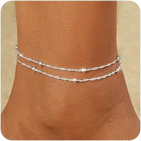 MIDEEO Sterling Silver Anklet Bracelets for Women,925 Sliver Plated Anklets for Women Waterproof Heart Beads CZ Layered Anklets Set Bracelets for Women Jewelry Gift