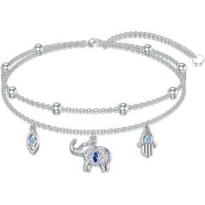 YAFEINI Sterling Silver Elephant Anklet with Hamsa Hand and Evil Eye Design for Women