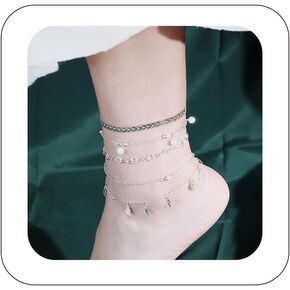 4Pcs Ankle Bracelets for Women Girls Waterproof Cuban Anklets Charm Anklet Boho Beach Anklet Set Silver Multilayer Adjustable Size Ankle Bracelets