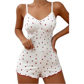 Wdirara Women's Strawberry Cami Romper بلا أكمام