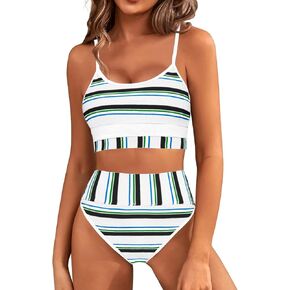 Fisoew Womens 2 Piece High Waisted Bikini Sets Color Block Sporty Striped Swimsuit 2025 Summer Ribbed Bathing Suits