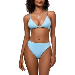 Women's High Waisted Bikini Sets Sexy V Neck Push Up Triangle Swimsuits 2 Piece High Cut Bathing Suits