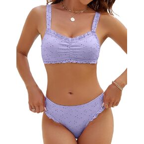 Blooming Jelly Bikini Sets for Women Ruched Bandeau Ruffle High Cut Eyelet Swimsuit 2 Piece Adjustable Strap Bathing Suits