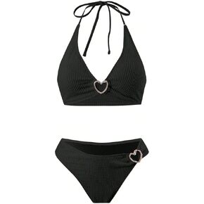 Women's Lace-up Bikini Set Solid Color Heart-Shaped Diamond Fashion Sexy Two-Piece Swimsuit