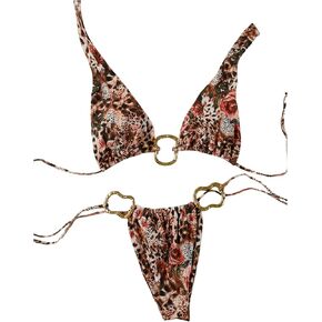 COZYEASE Women's 2 Piece Floral Leopard Swimsuit Halter Neck Ring Linked String Bikini Bathing Suit