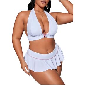 MakeMeChic Women's Plus Size Bikini Sets Criss Cross Halter Tie Back Ruffle Swimsuits