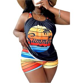 SOLY HUX Women's Plus Size Tankini Swimsuits Striped Tropical Print Two Piece Bathing Suit Top and Shorts Set