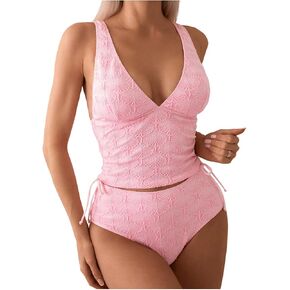 SOLY HUX Women's Swimsuit Set Deep V Neck Tankini Sets 2 Piece High Waisted Modest Bathing Suits Beachwear