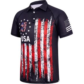 RAISEVERN Mens American Flag Print Golf Polo Shirt Patriotic Raglan Sleeve Tees
