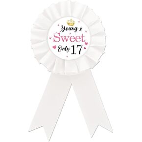 Happy 17th Birthday Tinplate Badge, Young & Sweet Only 17 Button Pin, White Rosette It's My 17th Birthday Award Ribbon Pin for Girl, Brooch Buttons for Seventeen Years Old Birthday Party