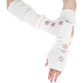 Knitting Y2K White Arm Warmers, Long-Sleeve Gloves for Women and Girls, Fashionable Pink Star Y2k Accessories, Fingerless Girls Arm Warmers Mittens for Japanese Harajuku Cosplay Lolita