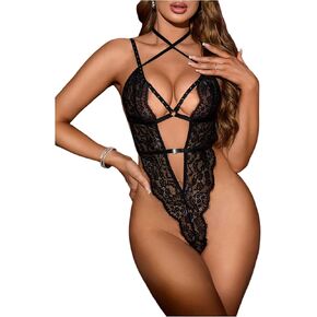 SOLY HUX Women's Floral Lace Deep V Neck Halter Lingerie Bodysuit Backless Cut Out Criss Cross Sheer Bodysuits