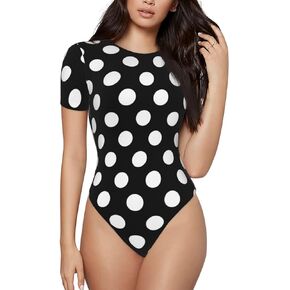 Black And White Polka Dot Women'S Fashion Crew Neck Bodysuit Shirts Short-Sleeved Onesie Tops