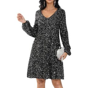 Sequin Dress for Women Sparkly Evening Party Dress, Black Glitter Formal Gown with Long Sleeves V Neck