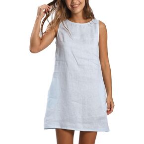 Amazhiyu Women's 100% Linen Summer Casual Sleeveless Crewneck Tank Mini Dresses