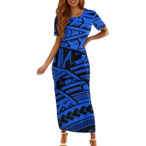 Puletasi Samoan Traditional Maxi Skirt Sets Polynesian Tribal Tapa Totem Women Island Short Sleeves Set Maxi Dress