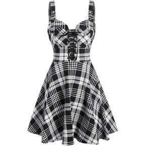 DRESSFO Women's Gothic Dress Plaid Print Lace-up Front Buckle Strap Dress Retro Empire Waist Dress Vintage 1950s Dresses