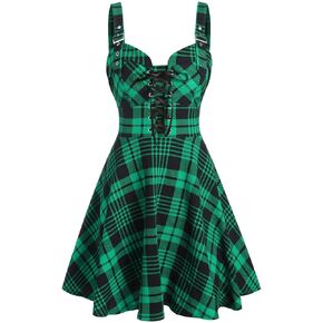 DRESSFO Women's Gothic Dress Plaid Print Lace-up Front Buckle Strap Dress Retro Empire Waist Dress Vintage 1950s Dresses in Kuwait