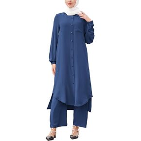 Women's Muslim 2 Pieces Sets Long Sleeve Button Down Shirt and Pants Abaya Casual Dress Dubai Outfits