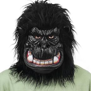 Halloween Monkey Head Mask Chimpanzee Mask Black with Fur Latex Full Head Mask for Carnival Costume Party Prop (Long hair gorilla)