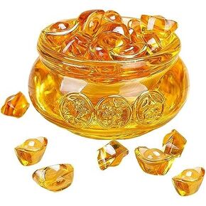 Feng Shui Golden Treasure Basin and About 30 PCS Ingot Yuan Bao, 3In Crystal Glass Treasure Basin Good Luck Wealth Prosperity Figurine for Feng Shui Decor, Home Office Decor Chinese Gifts