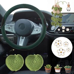 12 Pcs Plant Car Accessory Set Include Steering Wheel Cover Empty Crochet Air Freshener 2 Leaves Cup Mat 3 Miniature Pottery Planters 4 Daisy Air Vent Clips for Hanging Ornament