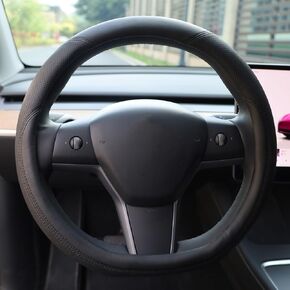Steering Wheel Cover Women Men Compatible with Tesla Model 3 Model Y 2017-2020 2021 2022 2023 2024 2025 Plaid/Long Range 5/6/7 Seater Car Interior Accessories, Black Leather 14 "-14" 1/4