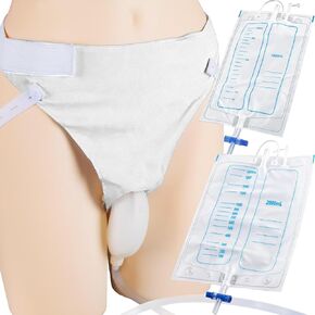 Wearable Urinal Bag with Reusable Silicone Catheter (2000ml & 1000ml), Portable External Urine Collector Comfortable & Discreet, Elderly Men White