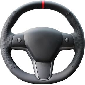 MEWANT Hand Stitch Black Artificial Leather Steering Wheel Cover Wrap for Tesla Model Y 2020-2023 Model 3 2017-2023