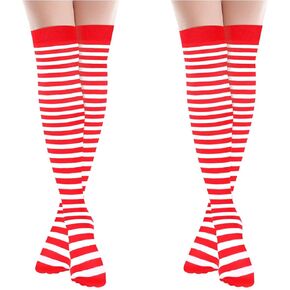 Ouligay 2 Pair Red and White Striped Thigh High Socks for Women Striped Knee High Socks, Long Stripes Sock Knee Stripe Sock for Women Girls Costume Party Christmas Holiday