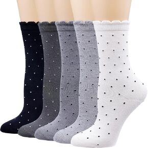 Mottee&Zconia Womens Crew Sock Ruffle Cute Polka Dot Basic White Black Grey Thicker Dress Socks 5pack