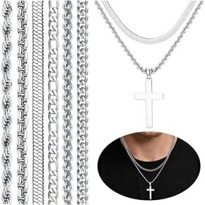 LOYALLOOK 6PCS Silver Chain for Men Women Stainless Steel Cross Chain Layered Cuban Link Figaro Snake Box Chain Cross Pendant Necklace 18-20IN/20-22IN