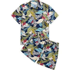 Verdusa Men's 2 Piece Casual Tropical Print Button Down Hawaiian Shirt and Short Suits Multicolor F S