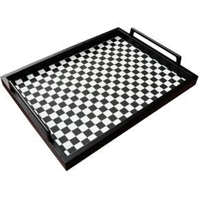 MCBZ Living Room Coffee Table Decorative Tray, Food Service Tray, Leather Ottoman Tray,with Metal Handles 16.5 x 12.6 in (Black and White Grid)