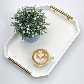 Serving Tray with Polished Metal Handles, Hexagon Coffee Table Tray, Modern Rectangle Decorative Tray, Large Ottoman Tray, Perfect for Storage and Display (Teal Hexagon)