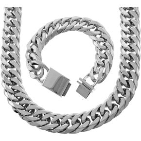 Solid Silver Finish Stainless Steel 21mm Thick Miami Cuban Link Chain Necklace And Bracelet Set 36''