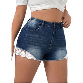 COZYEASE Women's Plus Size Lace Ripped Denim Shorts Raw Hem Bodycon Mini Jean Shorts with Pockets