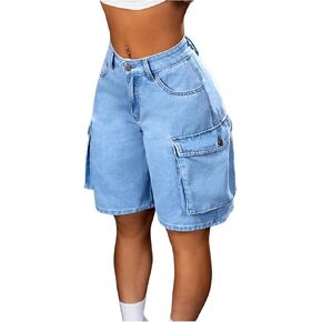 WDIRARA Women's Low Rise Bermuda Denim Shorts Straight Leg Cargo Jean Shorts with Pockets